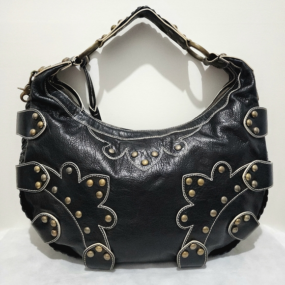 Isabella Fiore Black Leather Studded Braided Hobo Shoulder Bag Boho Western Chic - Picture 2 of 15